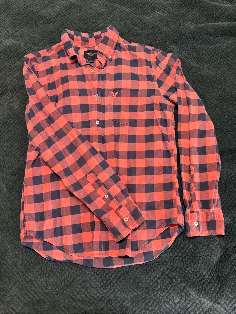 American Eagle Outfitters Red and Navy Plaid Button-Down Shirt